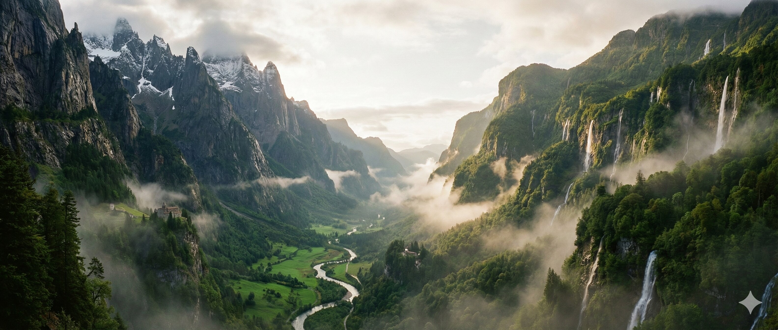 Wide panoramic view of the Valoria valley between two mountain ranges
